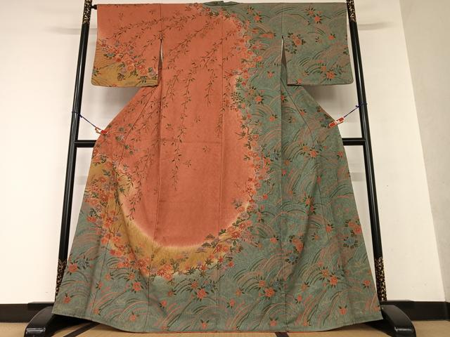平和屋着物●訪問着 草花文 枝垂れ桜 暈し染め 金彩 正絹 逸品 AAAY0304zg