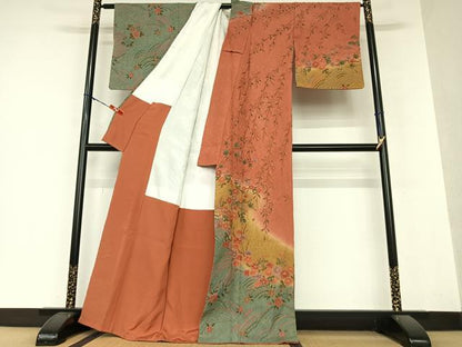 平和屋着物●訪問着 草花文 枝垂れ桜 暈し染め 金彩 正絹 逸品 AAAY0304zg