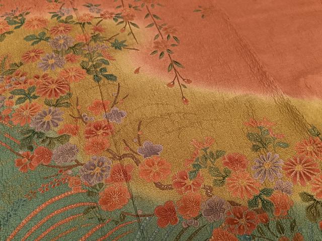 平和屋着物●訪問着 草花文 枝垂れ桜 暈し染め 金彩 正絹 逸品 AAAY0304zg