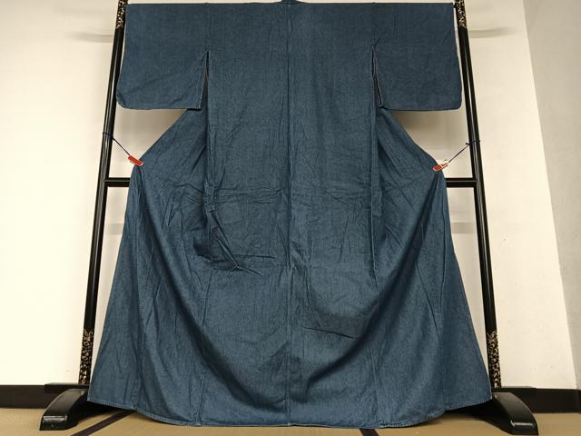 平和屋着物▽デニム着物 小紋 単衣 デニム地 青藍色 ロング丈 綿 逸品 AAAY0311zg