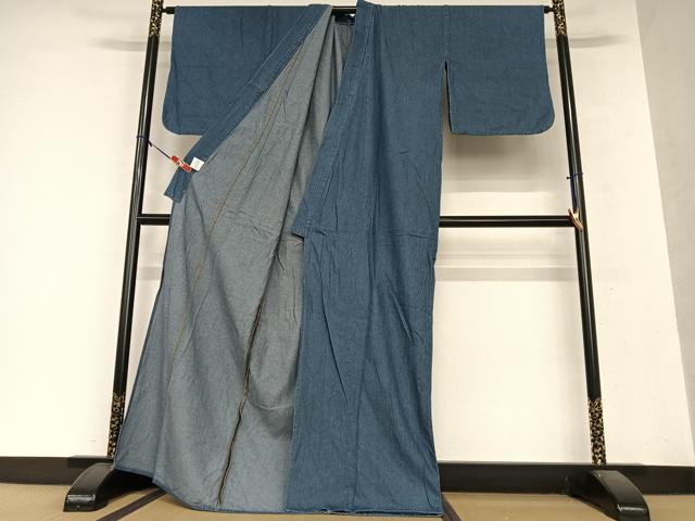 平和屋着物▽デニム着物 小紋 単衣 デニム地 青藍色 ロング丈 綿 逸品 AAAY0311zg
