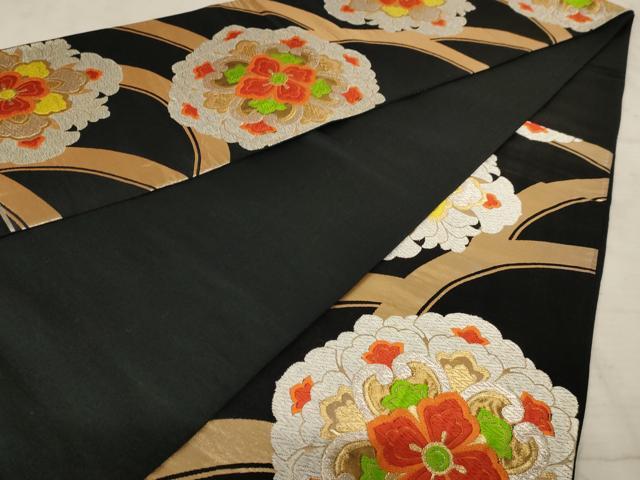 平和屋着物◎六通柄袋帯　唐織　正倉院花文　黒地　金銀糸　正絹　逸品　AAAY0724dt