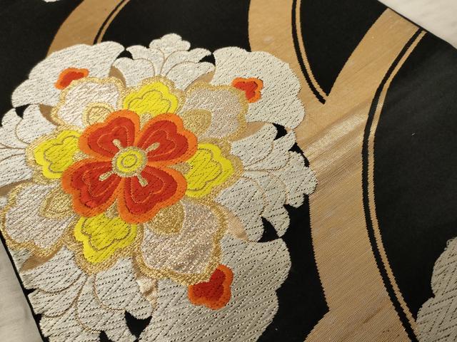平和屋着物◎六通柄袋帯　唐織　正倉院花文　黒地　金銀糸　正絹　逸品　AAAY0724dt