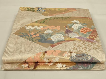 平和屋着物◎六通柄袋帯 唐織 孔雀花文 金糸 正絹 逸品 AAAY0835ou