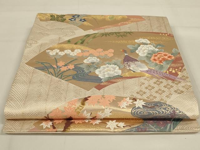 平和屋着物◎六通柄袋帯 唐織 孔雀花文 金糸 正絹 逸品 AAAY0835ou