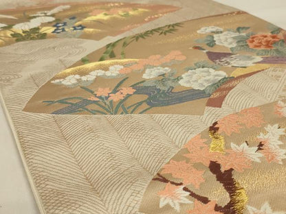平和屋着物◎六通柄袋帯 唐織 孔雀花文 金糸 正絹 逸品 AAAY0835ou