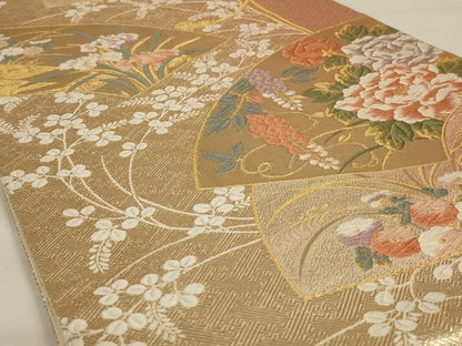 平和屋着物◎六通柄袋帯　唐織　地紙重ね草花文　金糸　正絹　逸品　AAAY0839ou