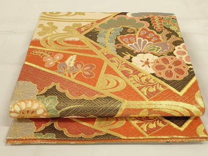 平和屋着物◎佐賀錦　六通柄袋帯　花蝶文　金糸　正絹　逸品　AAAY0840ou