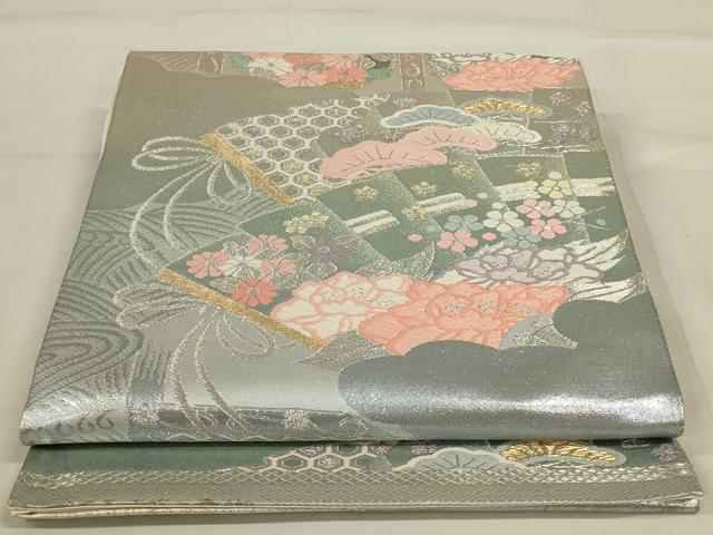 平和屋着物◎六通柄袋帯　扇面花文　プラチナ箔二重織　正絹　逸品　AAAY1441ou