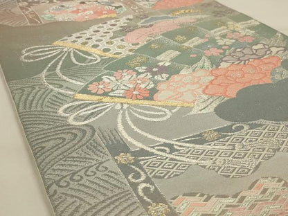 平和屋着物◎六通柄袋帯　扇面花文　プラチナ箔二重織　正絹　逸品　AAAY1441ou
