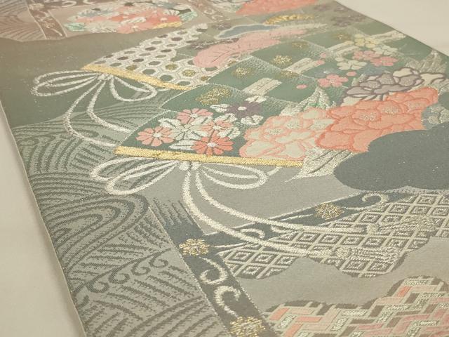 平和屋着物◎六通柄袋帯　扇面花文　プラチナ箔二重織　正絹　逸品　AAAY1441ou