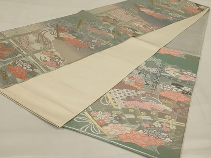 平和屋着物◎六通柄袋帯　扇面花文　プラチナ箔二重織　正絹　逸品　AAAY1441ou