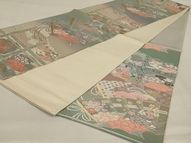 平和屋着物◎六通柄袋帯　扇面花文　プラチナ箔二重織　正絹　逸品　AAAY1441ou
