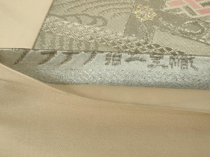 平和屋着物◎六通柄袋帯　扇面花文　プラチナ箔二重織　正絹　逸品　AAAY1441ou