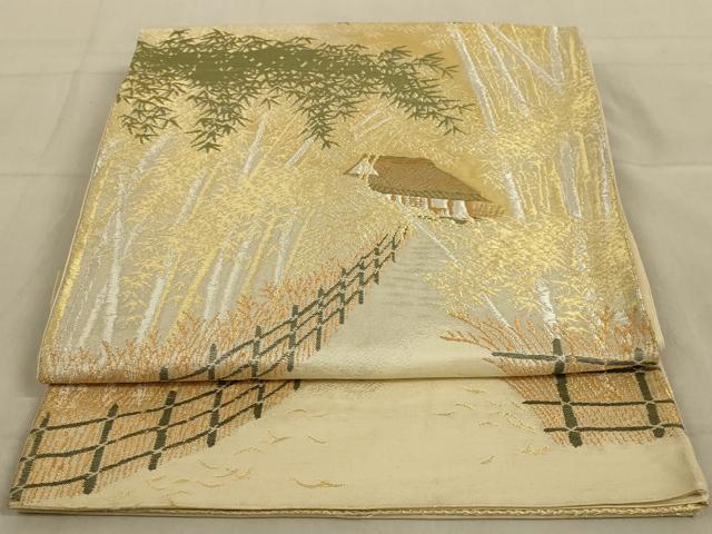 平和屋着物◎六通柄袋帯　笹竹風景文　金銀糸　正絹　逸品　AAAY1457ou