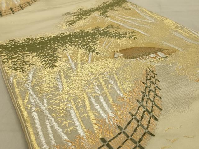 平和屋着物◎六通柄袋帯　笹竹風景文　金銀糸　正絹　逸品　AAAY1457ou