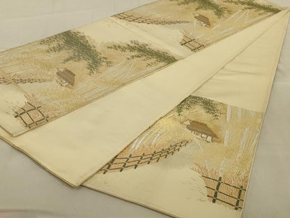 平和屋着物◎六通柄袋帯　笹竹風景文　金銀糸　正絹　逸品　AAAY1457ou