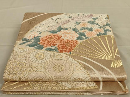 平和屋着物◎六通柄袋帯 唐織 花鳥扇文 金銀糸 正絹 逸品 AAAY1479ou