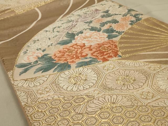 平和屋着物◎六通柄袋帯 唐織 花鳥扇文 金銀糸 正絹 逸品 AAAY1479ou
