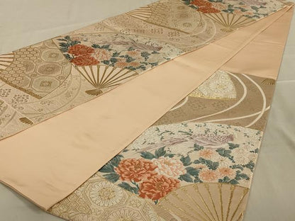 平和屋着物◎六通柄袋帯 唐織 花鳥扇文 金銀糸 正絹 逸品 AAAY1479ou