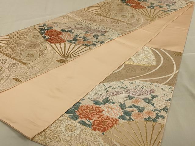 平和屋着物◎六通柄袋帯 唐織 花鳥扇文 金銀糸 正絹 逸品 AAAY1479ou