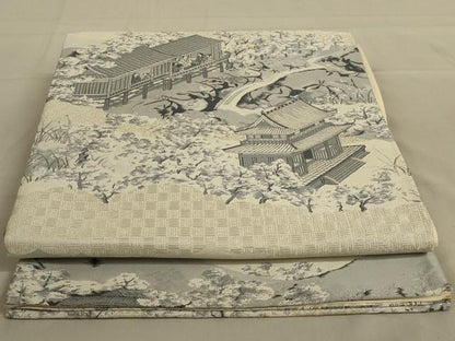 平和屋着物◎六通柄袋帯　風景文　銀糸　正絹　逸品　AAAY1480ou