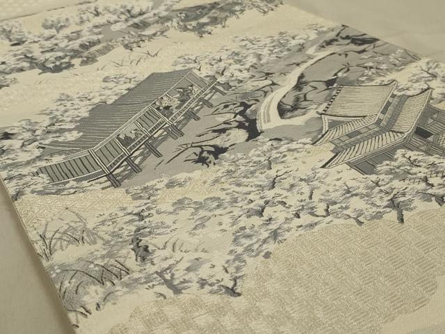 平和屋着物◎六通柄袋帯　風景文　銀糸　正絹　逸品　AAAY1480ou