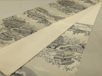 平和屋着物◎六通柄袋帯　風景文　銀糸　正絹　逸品　AAAY1480ou