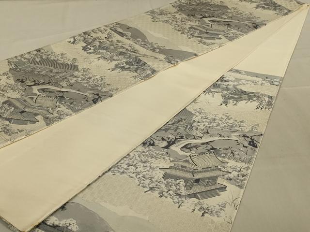 平和屋着物◎六通柄袋帯　風景文　銀糸　正絹　逸品　AAAY1480ou