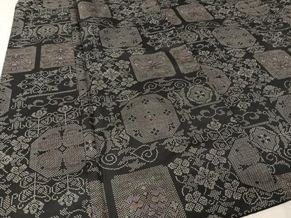 平和屋着物●本場大島紬 一元絣 更紗花文 黒地 正絹 逸品 AAAY1521np