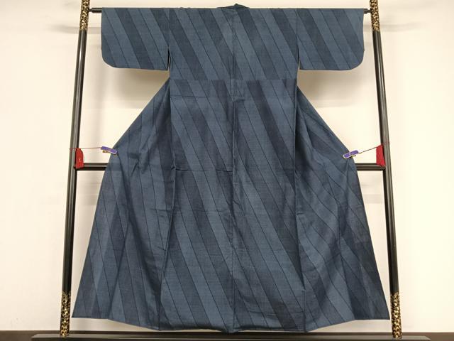 平和屋着物▽綿薩摩 東郷織物謹製 手織 160亀甲 實篤 単衣 濃紺地 逸品 AAAY1525np