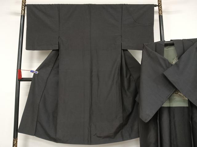 平和屋着物●男性 紬 アンサンブル 色無地 濡羽色 正絹 逸品 AAAY1548np