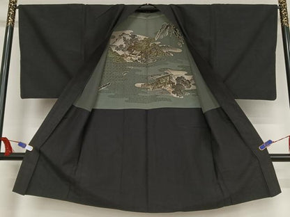 平和屋着物●男性 紬 アンサンブル 色無地 濡羽色 正絹 逸品 AAAY1548np