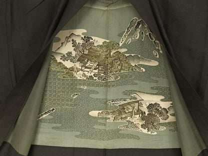 平和屋着物●男性 紬 アンサンブル 色無地 濡羽色 正絹 逸品 AAAY1548np