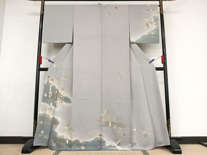 平和屋着物●創業460年・千總　訪問着　刺繍　葵　暈し染め　金糸　金彩　灰青色地　そごう扱い　正絹　逸品　AAAY1594np
