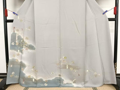 平和屋着物●創業460年・千總　訪問着　刺繍　葵　暈し染め　金糸　金彩　灰青色地　そごう扱い　正絹　逸品　AAAY1594np