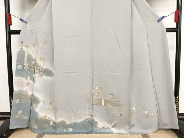 平和屋着物●創業460年・千總　訪問着　刺繍　葵　暈し染め　金糸　金彩　灰青色地　そごう扱い　正絹　逸品　AAAY1594np