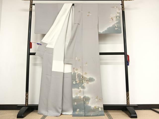 平和屋着物●創業460年・千總　訪問着　刺繍　葵　暈し染め　金糸　金彩　灰青色地　そごう扱い　正絹　逸品　AAAY1594np