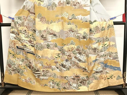 平和屋着物●訪問着　手描き　人物風景文　暈し染め　金彩　正絹　逸品　AAAY1599np