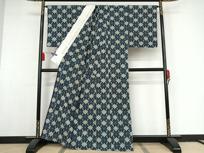 平和屋着物●久留米絣　単衣　花菱文　綿　逸品　AAAY1606np