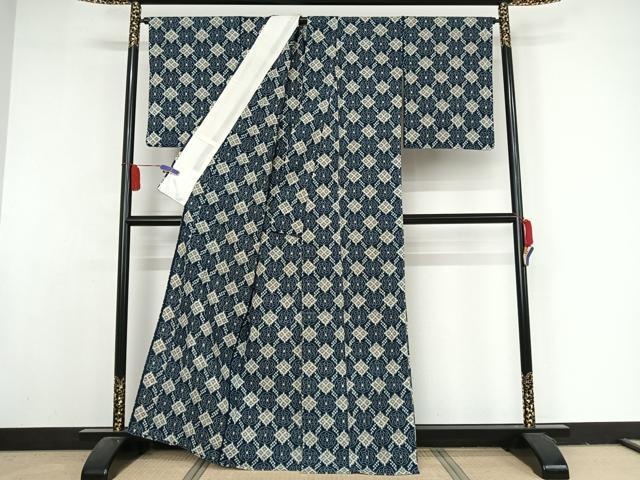 平和屋着物●久留米絣　単衣　花菱文　綿　逸品　AAAY1606np