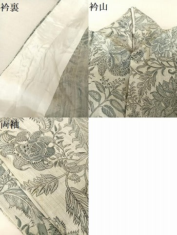 平和屋着物▽生紬 単衣 手描き 更紗花文 正絹 逸品 AAAY1749np