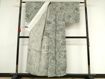 平和屋着物▽生紬 単衣 手描き 更紗花文 正絹 逸品 AAAY1749np