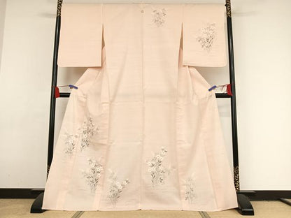 平和屋着物▽訪問着 単衣 紬地 手描き 草花文 正絹 逸品 AAAY1753np