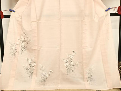 平和屋着物▽訪問着 単衣 紬地 手描き 草花文 正絹 逸品 AAAY1753np