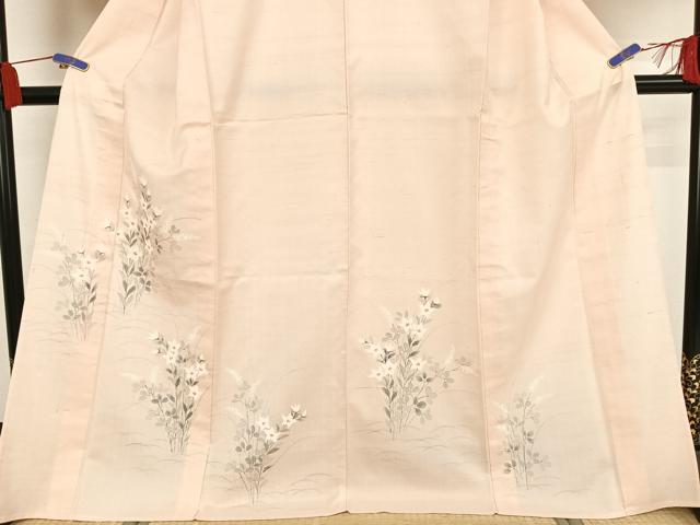 平和屋着物▽訪問着 単衣 紬地 手描き 草花文 正絹 逸品 AAAY1753np