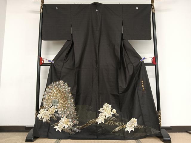 平和屋着物▽総刺繍 単衣 黒留袖 中国三大刺繍 汕頭刺繍 スワトウ刺繍 作家物 喜久郎 紬地 孔雀花文 金糸 正絹 逸品 AAAY1754np