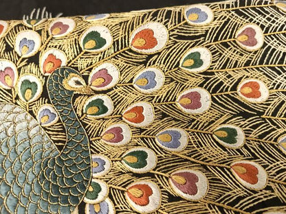 平和屋着物▽総刺繍 単衣 黒留袖 中国三大刺繍 汕頭刺繍 スワトウ刺繍 作家物 喜久郎 紬地 孔雀花文 金糸 正絹 逸品 AAAY1754np