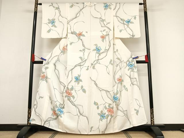 平和屋着物▽上質な小紋 単衣 草花文 暈し染め 正絹 逸品 AAAY1760np