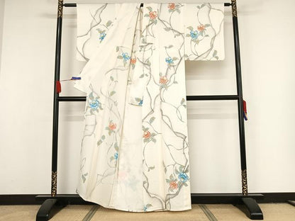 平和屋着物▽上質な小紋 単衣 草花文 暈し染め 正絹 逸品 AAAY1760np